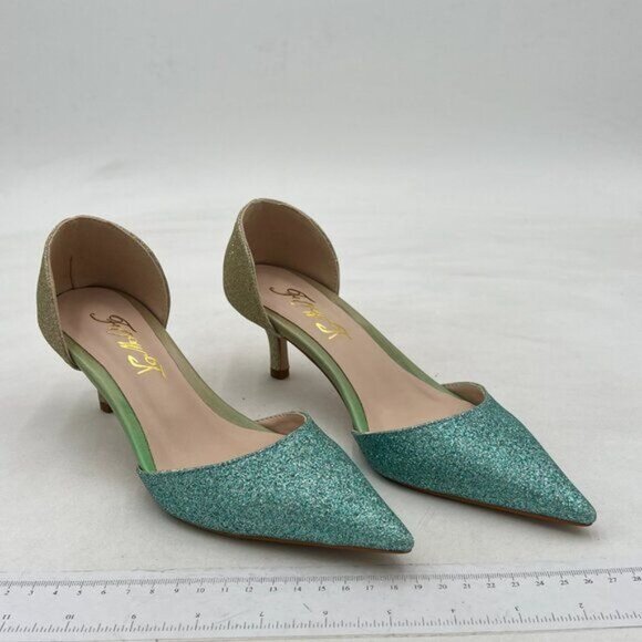 FOWT Green Pointed Toe Kitten Heel Pumps Slip On Two Toned D'Orsay Sandals - Picture 4 of 8